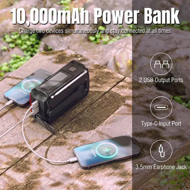 Alt view image 4 of 5 - [10000mAh Battery] Raddy SW10 Emergency Radio, Hand Crank Solar, AM FM NOAA Radio with Rechargeable Battery Flashlight SOS Alarm Compass, Power Bank for Power Outage Camping Hurricane Outdoor