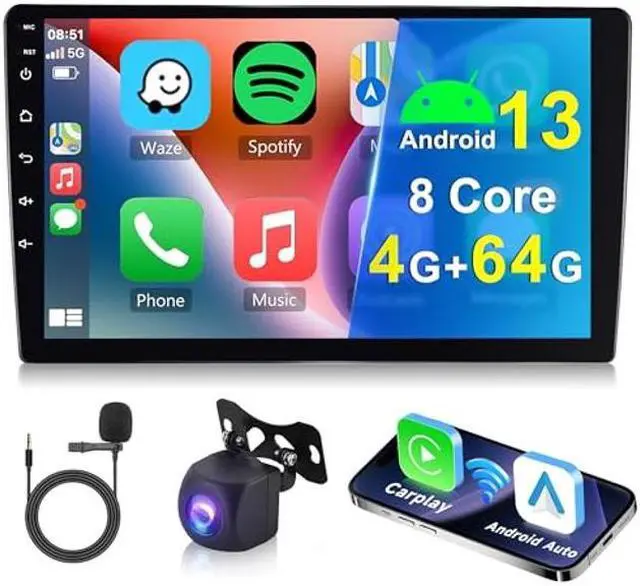 Main image of 8 Core 4G+64G 9'' Android 13 Car Stereo Double Din Wireless Carplay Android Auto, Rimoody Touchscreen 2 Din Car Radio GPS 4G-WiFi Bluetooth FM DSP-36 Mirror Link 59-UI Themes AHD Backup Camera