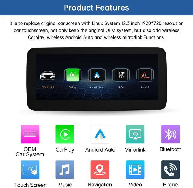 Alt view image 3 of 5 - Road Top 12.3 Inch Car Touchscreen Wireless CarPlay Android Auto for Mercedes Benz C GLC Class W205 2015-2018 Year with NTG5.0, Car Stereo Multimedia Radio Receiver