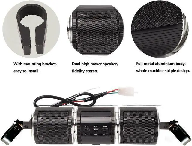 Alt view image 3 of 5 - Waterproof Bluetooth Motorcycle Stereo Speakers, Built in Installation Tool, Plug and Play, 10M Connections Distance, DC 12V Audio Sound System for 7/8 to 1.25 in Handlebars(Black)