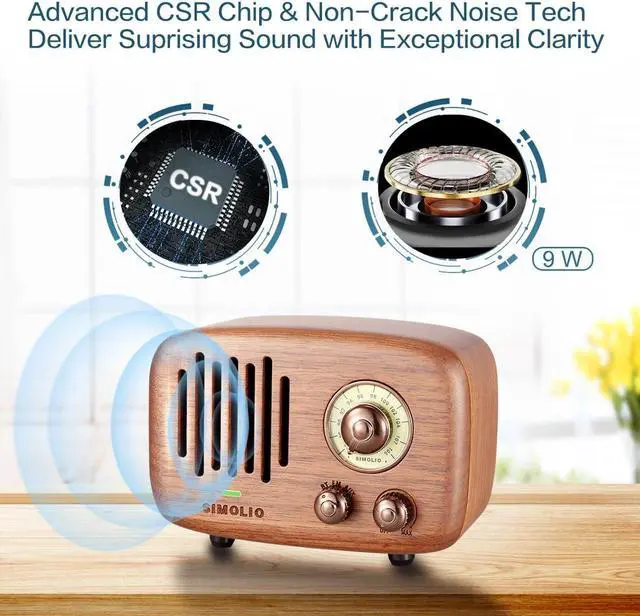 Alt view image 2 of 5 - SIMOLIO Vintage Retro Bluetooth Speakers with Loud HD Sound, Nature Black Walnut Wooden Speaker with FM Radio & AUX, CSR Chip, Portable Bluetooth Speaker for Home Office Decorations, 2000mA Li-Battery
