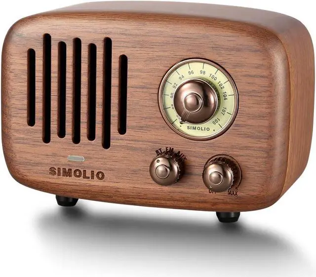 Main image of SIMOLIO Vintage Retro Bluetooth Speakers with Loud HD Sound, Nature Black Walnut Wooden Speaker with FM Radio & AUX, CSR Chip, Portable Bluetooth Speaker for Home Office Decorations, 2000mA Li-Battery
