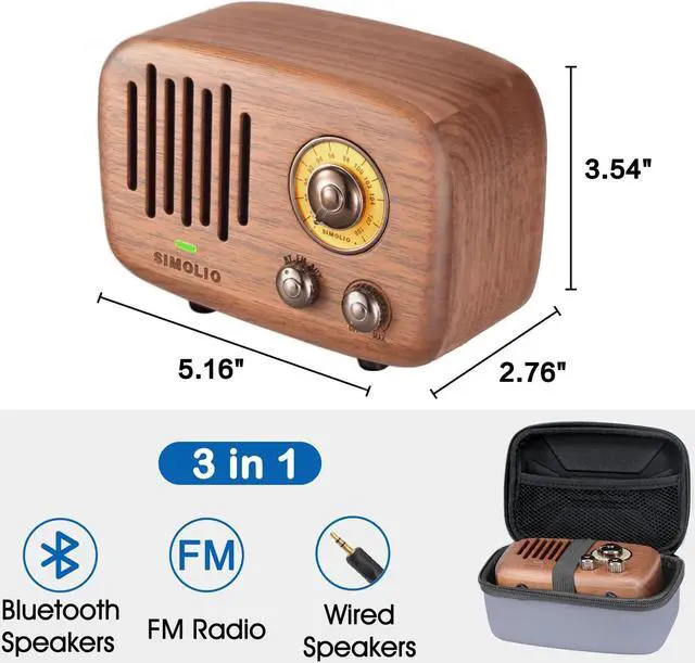 Alt view image 4 of 5 - SIMOLIO Vintage Retro Bluetooth Speakers with Loud HD Sound, Nature Black Walnut Wooden Speaker with FM Radio & AUX, CSR Chip, Portable Bluetooth Speaker for Home Office Decorations, 2000mA Li-Battery