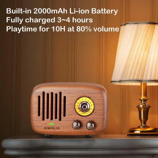 Alt view image 5 of 5 - SIMOLIO Vintage Retro Bluetooth Speakers with Loud HD Sound, Nature Black Walnut Wooden Speaker with FM Radio & AUX, CSR Chip, Portable Bluetooth Speaker for Home Office Decorations, 2000mA Li-Battery