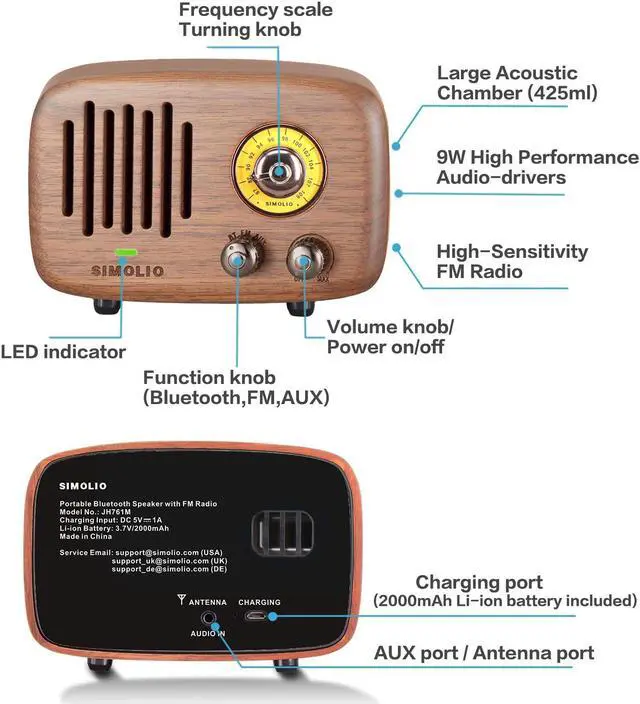 Alt view image 3 of 5 - SIMOLIO Vintage Retro Bluetooth Speakers with Loud HD Sound, Nature Black Walnut Wooden Speaker with FM Radio & AUX, CSR Chip, Portable Bluetooth Speaker for Home Office Decorations, 2000mA Li-Battery