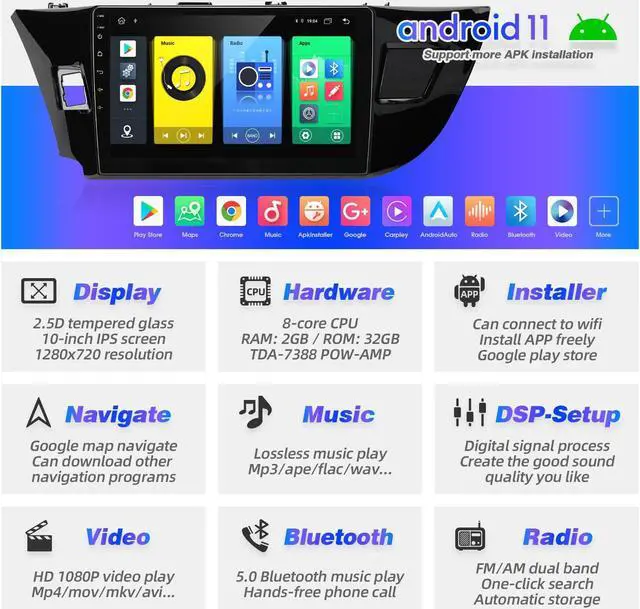 Alt view image 3 of 5 - SizxNanv for Corolla Android Radio Touch Screen Compatible with Carplay Android Auto,Car Stereo Bluetooth Navigation Media Player GPS FM/AM Backup CameraHead Unit for Toyota Corolla 2014 2015 2016