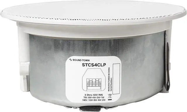 Alt view image 4 of 5 - Sound Town Pair of 4.5" Coaxial in-Ceiling Speakers with Low-Profile Design, Metal Backcan and Tile Rails, 70V/100V/8-Ohm Switchable, Magnetic Grill, White (STCS4CLP-PAIR)