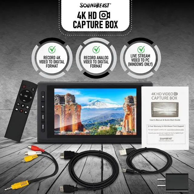 Alt view image 2 of 5 - SoundBeast 4K HD Video Capture Box - Capture or Live Stream Video (with Audio) from HDMI, AV, VHS, VCR, DVD, Camcorders, Hi8, MiniDV - 5" Preview LCD & Speaker