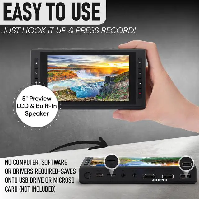 Alt view image 4 of 5 - SoundBeast 4K HD Video Capture Box - Capture or Live Stream Video (with Audio) from HDMI, AV, VHS, VCR, DVD, Camcorders, Hi8, MiniDV - 5" Preview LCD & Speaker