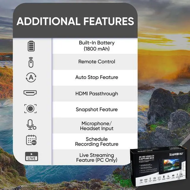 Alt view image 5 of 5 - SoundBeast 4K HD Video Capture Box - Capture or Live Stream Video (with Audio) from HDMI, AV, VHS, VCR, DVD, Camcorders, Hi8, MiniDV - 5" Preview LCD & Speaker