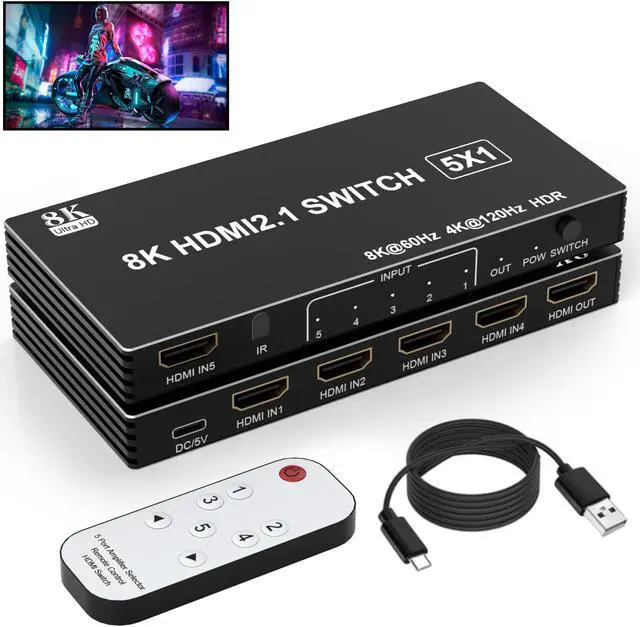 Main image of 8K HDMI Switch 5 in 1 Out, 5 Port HDMI Splitter with IR Remote HDMI Switcher Selector Box Support 8K@60Hz 4K@120Hz, HDMI 2.1 Switch Compatible with PS 5/4/3 Xbox Switch Roku TV Fire Stick PC