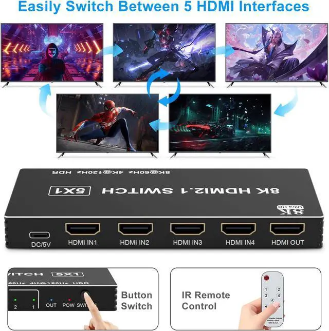 Alt view image 4 of 5 - 8K HDMI Switch 5 in 1 Out, 5 Port HDMI Splitter with IR Remote HDMI Switcher Selector Box Support 8K@60Hz 4K@120Hz, HDMI 2.1 Switch Compatible with PS 5/4/3 Xbox Switch Roku TV Fire Stick PC