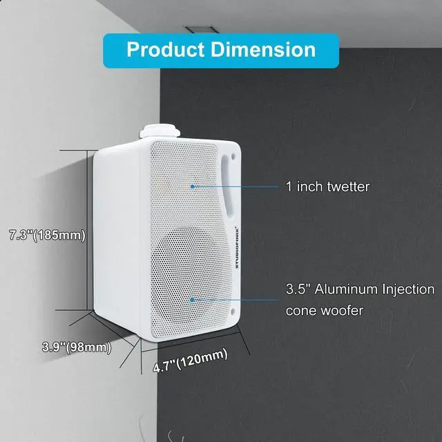Alt view image 2 of 5 - STUDIOFINIX Passive Outdoor Speakers Wired Waterproof -3.5 Inch 3 Way 200W Surface Marine & Wall Mount Speakers, Perfect for Home, Boat, Poolside, Patio, Indoor Outdoor Use(White