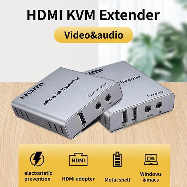 Alt view image 2 of 5 - 60M USB KVM HDMI Extender ,with 1080P R/L Audio by CAT5E Cat6 RJ45 Ethernet Cable Transmitter Receiver Audio Video Converter PC Laptop to TV Monitor