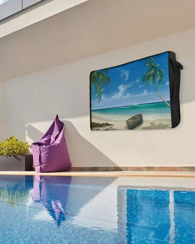 Alt view image 5 of 5 - Outdoor TV Cover - Summer Palm Tree Ocean Beach Boat Waterproof and Weatherproof 60"-65" LCD Movable Shield TV Display Screen Protector Outside Television Covers