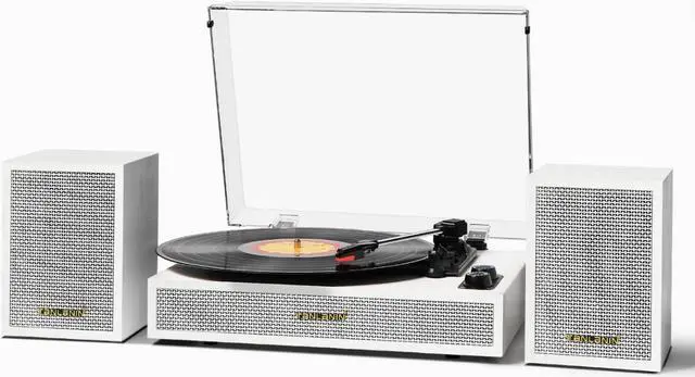 Main image of Vinyl Record Player with Dual External Speakers, 3 Speed Vintage Belt-Driven LP Turntable Player with Stereo Speakers, Bluetooth Record Player &Two Speakers Support Auto Stop, RCA Out - White