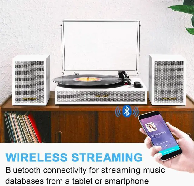 Alt view image 2 of 5 - Vinyl Record Player with Dual External Speakers, 3 Speed Vintage Belt-Driven LP Turntable Player with Stereo Speakers, Bluetooth Record Player &Two Speakers Support Auto Stop, RCA Out - White