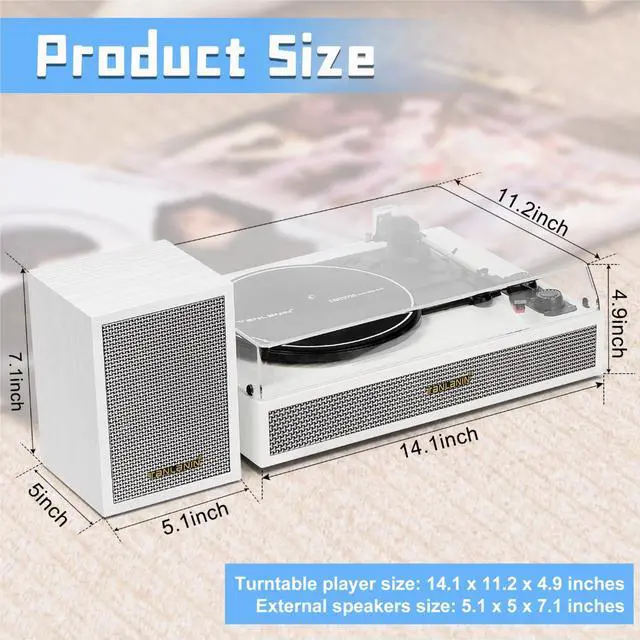 Alt view image 3 of 5 - Vinyl Record Player with Dual External Speakers, 3 Speed Vintage Belt-Driven LP Turntable Player with Stereo Speakers, Bluetooth Record Player &Two Speakers Support Auto Stop, RCA Out - White