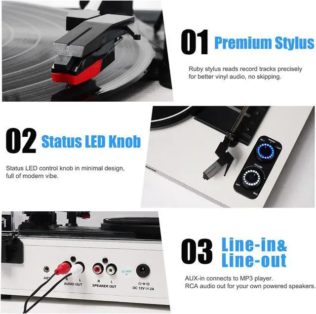 Alt view image 5 of 5 - Vinyl Record Player with Dual External Speakers, 3 Speed Vintage Belt-Driven LP Turntable Player with Stereo Speakers, Bluetooth Record Player &Two Speakers Support Auto Stop, RCA Out - White