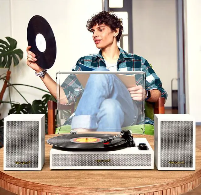 Alt view image 4 of 5 - Vinyl Record Player with Dual External Speakers, 3 Speed Vintage Belt-Driven LP Turntable Player with Stereo Speakers, Bluetooth Record Player &Two Speakers Support Auto Stop, RCA Out - White
