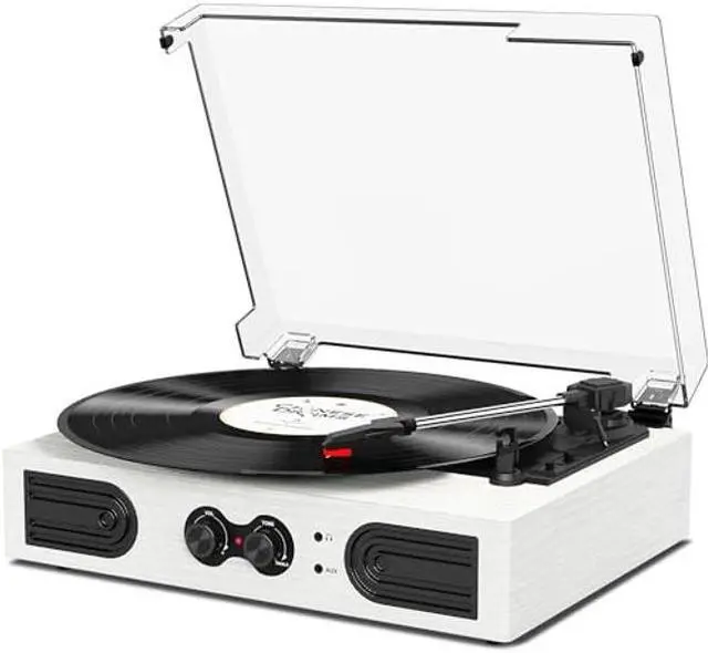 Main image of Vinyl Record Player with Built-in Stereo Speakers and Bass Adjust, Vintage 3-Speed Portable LP Turntable with Upgraded Audio Sound, Bluetooth Input, RCA/AUX/Headphone Jack, White Wood