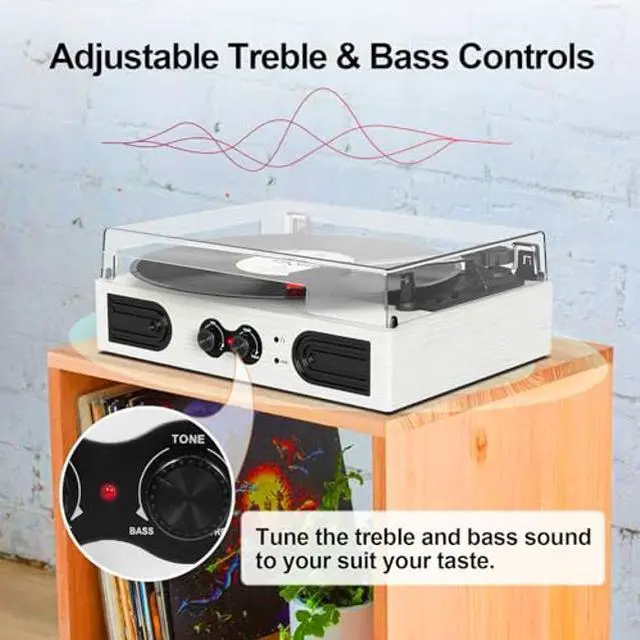 Alt view image 3 of 5 - Vinyl Record Player with Built-in Stereo Speakers and Bass Adjust, Vintage 3-Speed Portable LP Turntable with Upgraded Audio Sound, Bluetooth Input, RCA/AUX/Headphone Jack, White Wood