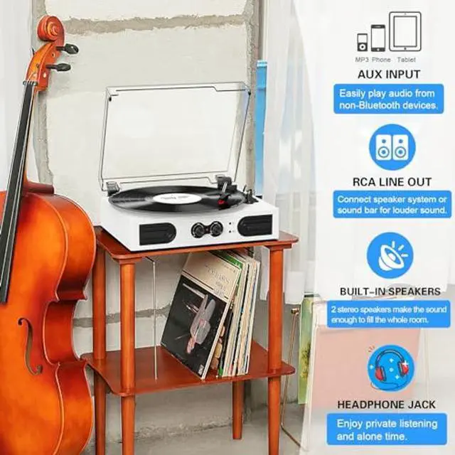 Alt view image 4 of 5 - Vinyl Record Player with Built-in Stereo Speakers and Bass Adjust, Vintage 3-Speed Portable LP Turntable with Upgraded Audio Sound, Bluetooth Input, RCA/AUX/Headphone Jack, White Wood