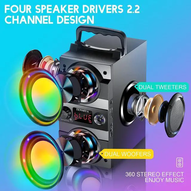 Alt view image 2 of 5 - TENMIYA 40W(60W Peak) Portable Bluetooth Speakers with Subwoofer Wireless Stereo Rich Bass Boombox with LED Lights Outdoor Home Party Speakers Support FM Radio Remote Control AUX EQ