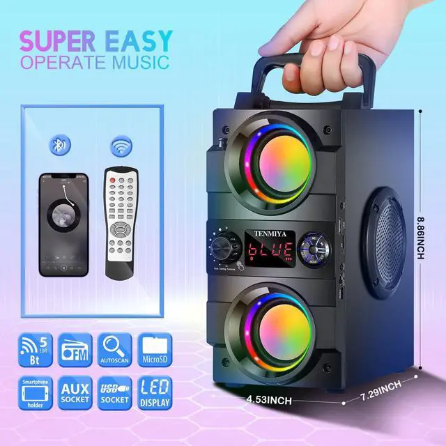 Alt view image 3 of 5 - TENMIYA 40W(60W Peak) Portable Bluetooth Speakers with Subwoofer Wireless Stereo Rich Bass Boombox with LED Lights Outdoor Home Party Speakers Support FM Radio Remote Control AUX EQ