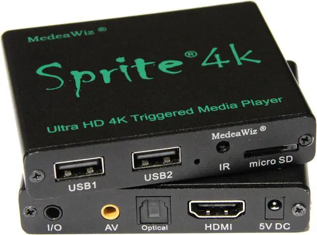 Main image of MedeaWiz(r) DV-S4 Sprite(r) Looping 4K Media Player - Seamless Audio Video Auto Repeater 2160p 60Hz HDMI, NTSC and PAL Outputs - Trigger Input and Serial Control