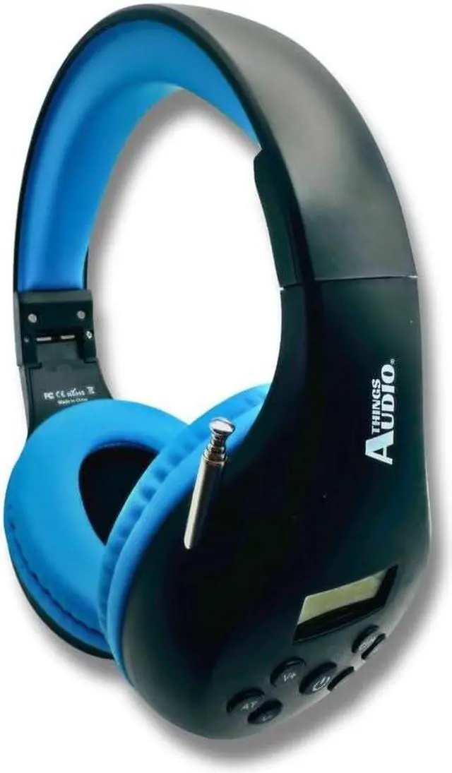 Main image of THINGS AUDIO Portable Personal FM Radio Headphones Pull-Out Antenna for Great Reception, Walking, Jogging, Relaxing, School, Talk Radio - Powered by 2AA Batteries (Not Included) (Black & Blue)