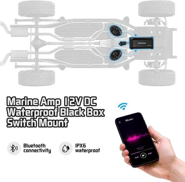 Alt view image 2 of 5 - ThundrTunes Marine Powersport Bluetooth Amplifier Audio System with 2pcs Black Speakers, Class D 60W x 4 CH, Switch Mount, Suitable for Motorcycle, UTV, ATV, Boat