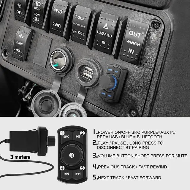 Alt view image 3 of 5 - ThundrTunes Marine Powersport Bluetooth Amplifier Audio System with 2pcs Black Speakers, Class D 60W x 4 CH, Switch Mount, Suitable for Motorcycle, UTV, ATV, Boat