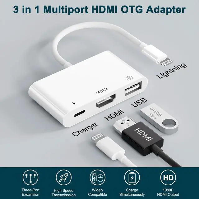 Alt view image 2 of 5 - Unitrox HDMI Adapter, 3 in 1 USB Camera Adapter with 1080P Digital AV HDMI Adapter + Charging Splitter, Support USB Flash Drive, MIDI Keyboard, Mouse, Ethernet Adapter