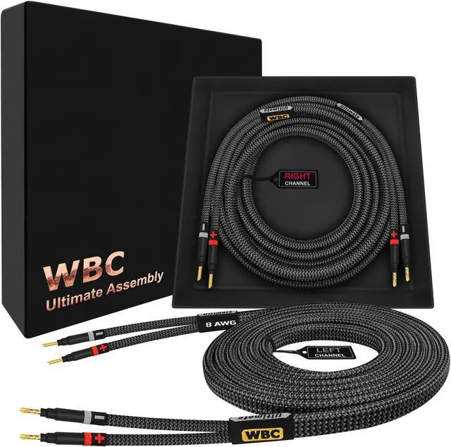 Main image of WORLDS BEST CABLES 12 Foot Ultimate - 8 AWG - Ultra-Pure OFC - Premium Audiophile HiFi Speaker Cable Pair with Eminence Gold Banana Plugs & Carbon Tweed Jacket