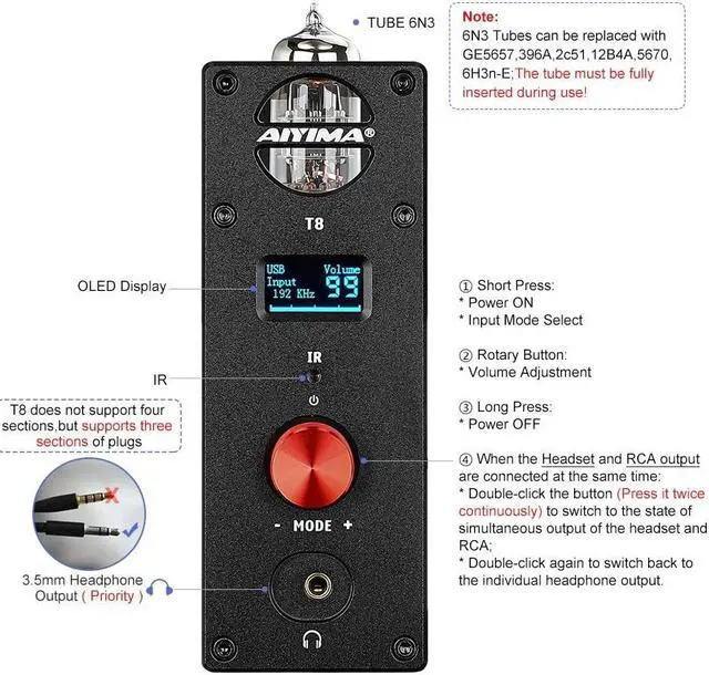 Alt view image 3 of 5 - AIYIMA T8 6N3 Digital Tube Preamplifier Bluetooth 5.0 Hi-Fi Headphone Preamp Decoder Preamp PC-USB DAC APTX for Home Wireless Receiver Audio Stereo Amplifier + with Remote Control
