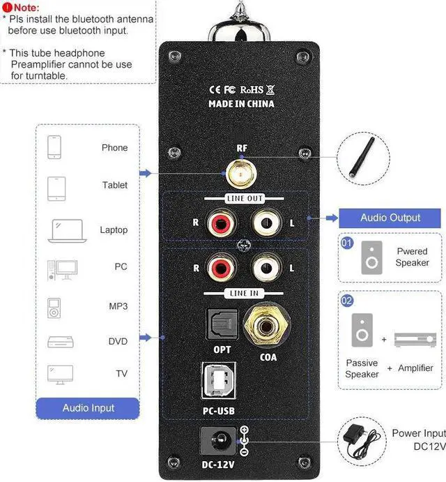 Alt view image 4 of 5 - AIYIMA T8 6N3 Digital Tube Preamplifier Bluetooth 5.0 Hi-Fi Headphone Preamp Decoder Preamp PC-USB DAC APTX for Home Wireless Receiver Audio Stereo Amplifier + with Remote Control