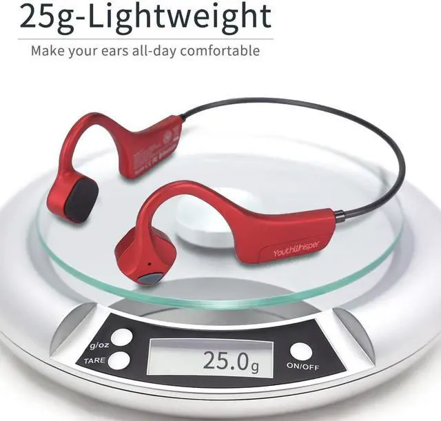 Alt view image 3 of 5 - Bone Conduction Headphones Bluetooth, YouthWhisper Open Ear Wireless Earphones, Sports Headphones with Mic Waterproof for Running Cycling Hiking Walking and Workout (Red)