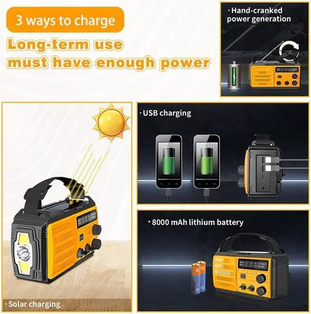 Alt view image 2 of 5 - Emergency Radio, Crank Radio Flashlight Cell Phone Charger, Portable AM/FM NOAA Weather Radio, 8000mAh Solar & Battery Operated Radio for Power Outage Emergency Supplies Kit for Outdoor Home (Orange)