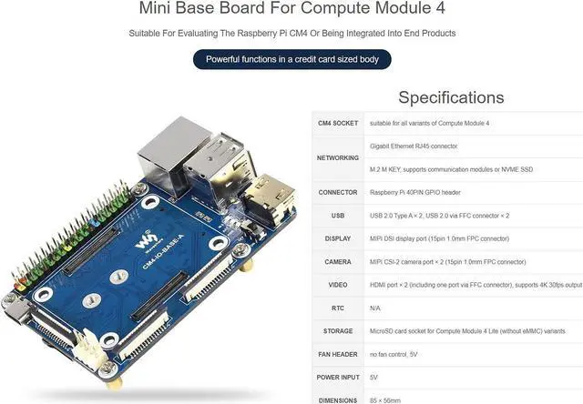 Alt view image 2 of 5 - Mini Base Board for Raspberry Pi Compute Module 4 Lite/EMMC Series Module, with Standard CM4 Socket and Color-Coded Raspberry Pi 40PIN GPIO Header, for Evaluating CM4 or Integrated into End Product