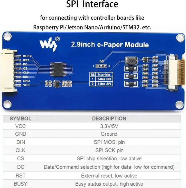 Alt view image 4 of 5 - waveshare 2.9inch E-Ink Display Module 296x128 Pixel White,Black Two-Color 3.3V/5V E-Paper Screen LCD Support Partial Refresh SPI Interface for Raspberry/Jetson Nano/Ard/Nucleo