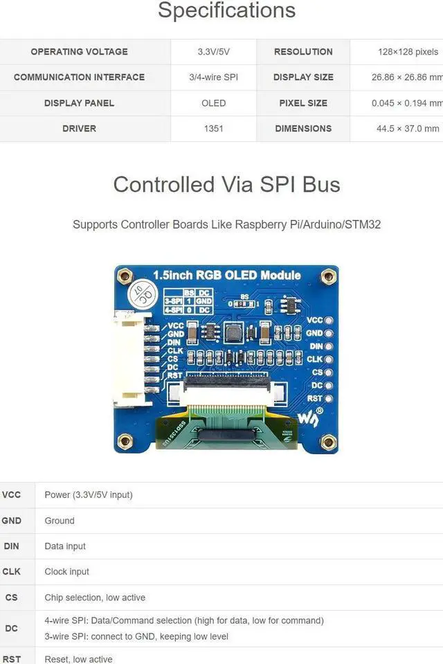 Alt view image 3 of 5 - waveshare 1.5inch RGB OLED Display Module 128x128 Pixels 16-bit High Color (65K Colors) with Embedded Controller Communicating via SPI Interface.
