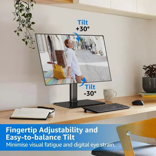 Alt view image 4 of 5 - MOUNTUP Monitor Stand for Desk, Freestanding Monitor Mount Fits 13-32 inch Screen up to 17.6 lbs, Screen Stand with Swivel, Height, Rotation Adjustment, VESA Mount 100 x 100mm, 75 x 75mm