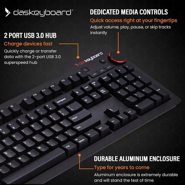 Alt view image 4 of 5 - Das Keyboard 4 Professional for Mac Wired Mechanical Keyboard, Cherry MX Brown Mechanical Switches, 2-Port USB 3.0 Hub, Volume Knob, Aluminum Top (104 Keys, Black)