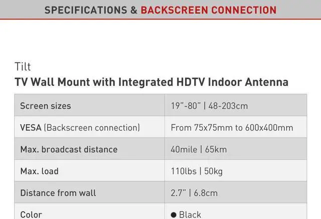 Alt view image 5 of 5 - Barkan 19-80 inch Tilt TV Wall Mount with Integrated HDTV Indoor Antenna, for All Wall Types, Flat/Curved Screen Bracket, Holds up to 110lbs, Auto Lock Patented, Fits LED OLED LCD (VTM410)