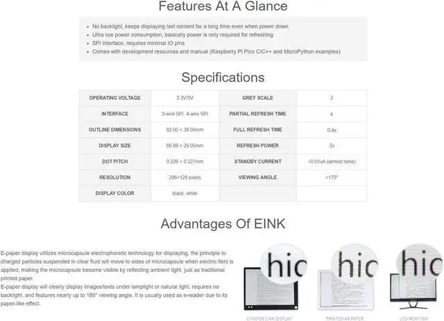 Alt view image 5 of 5 - waveshare 2.9inch E-Paper E-Ink Display Module for Raspberry Pi Pico 296x128 Pixels Black/White Partial Refresh Support with SPI Interface