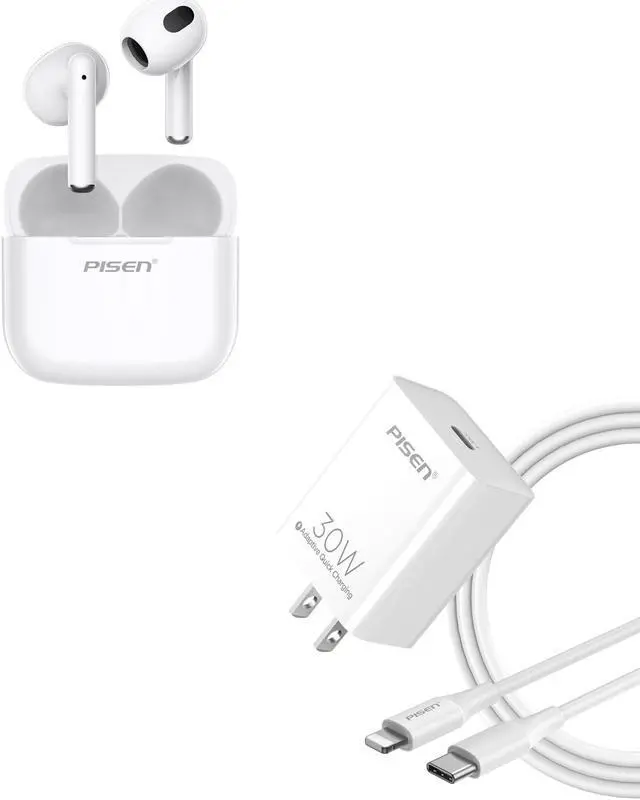 Main image of PISEN Wireless Earbuds in-Ear Headphones & 30W USB C Charger, Bluetooth 5.3 Deep Bass Hi-Fi Stereo Ear Buds with Mic in-Ear & 30W USB C Wall Fast Charger for iPhone 15/14/13/12 Series, White