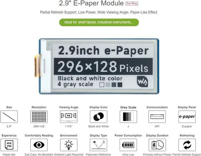 Alt view image 4 of 5 - waveshare 2.9inch E-Paper E-Ink Display Module for Raspberry Pi Pico 296x128 Pixels Black/White Partial Refresh Support with SPI Interface