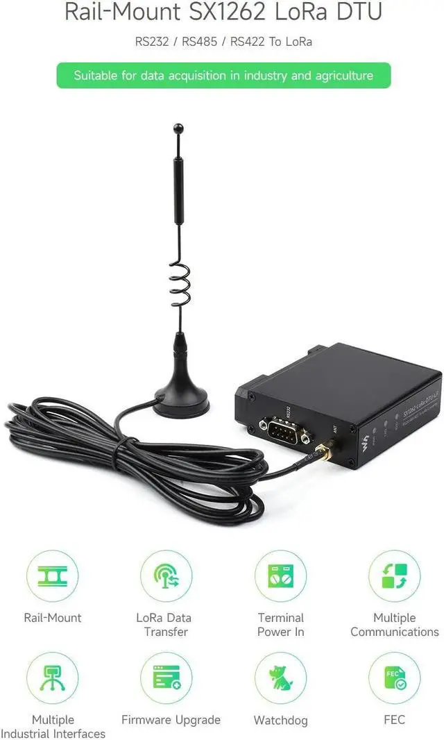 Alt view image 3 of 5 - Waveshare Rail-Mount SX1262 LoRa Data Transfer Kit, RS232/RS485/RS422 to LoRa, Suitable for Sub-GHz Band Include Power Supply and Cable HF Version
