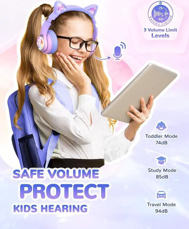 Alt view image 3 of 5 - iClever Cat Ear Kids Bluetooth Headphones, LED Lights Up, 74/85/94dB Volume Limited, 50H Playtime,Bluetooth 5.2, USB C, Kids Headphones Wireless for Travel iPad Tablet, Meow Macaron-Gradient Pink